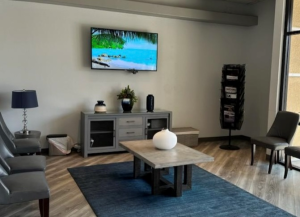 The image depicts a modern, well-organized living room with a clean and contemporary design.