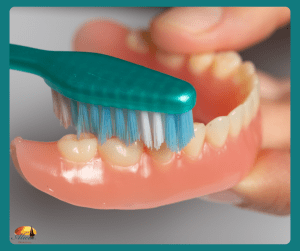 A close up of a hand holding dentures and scrubbing them with a toothbrush to show how to care for them.